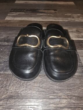 Black Leather Slip-On Mule with Gold Buckle